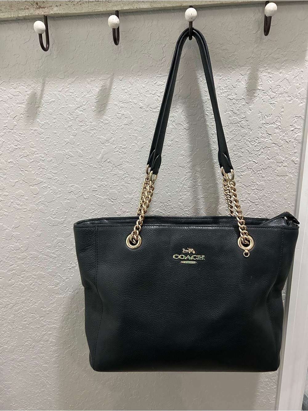 Coach Black Leather Tote with Gold Chain Straps